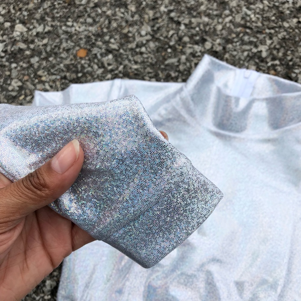 Sparkle Unique holographic Metallic Crop Top Shirt - Picture 3 of 8